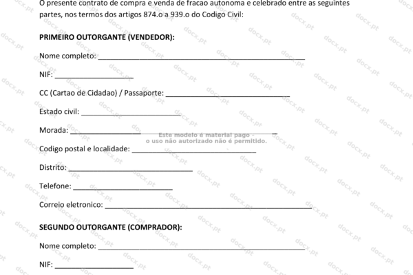 Contrato de compra e venda de fração autônoma em papel A4, página 1.