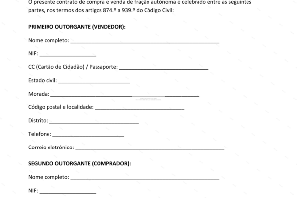 Contrato de compra e venda de fração autônoma em papel A4, página 1.