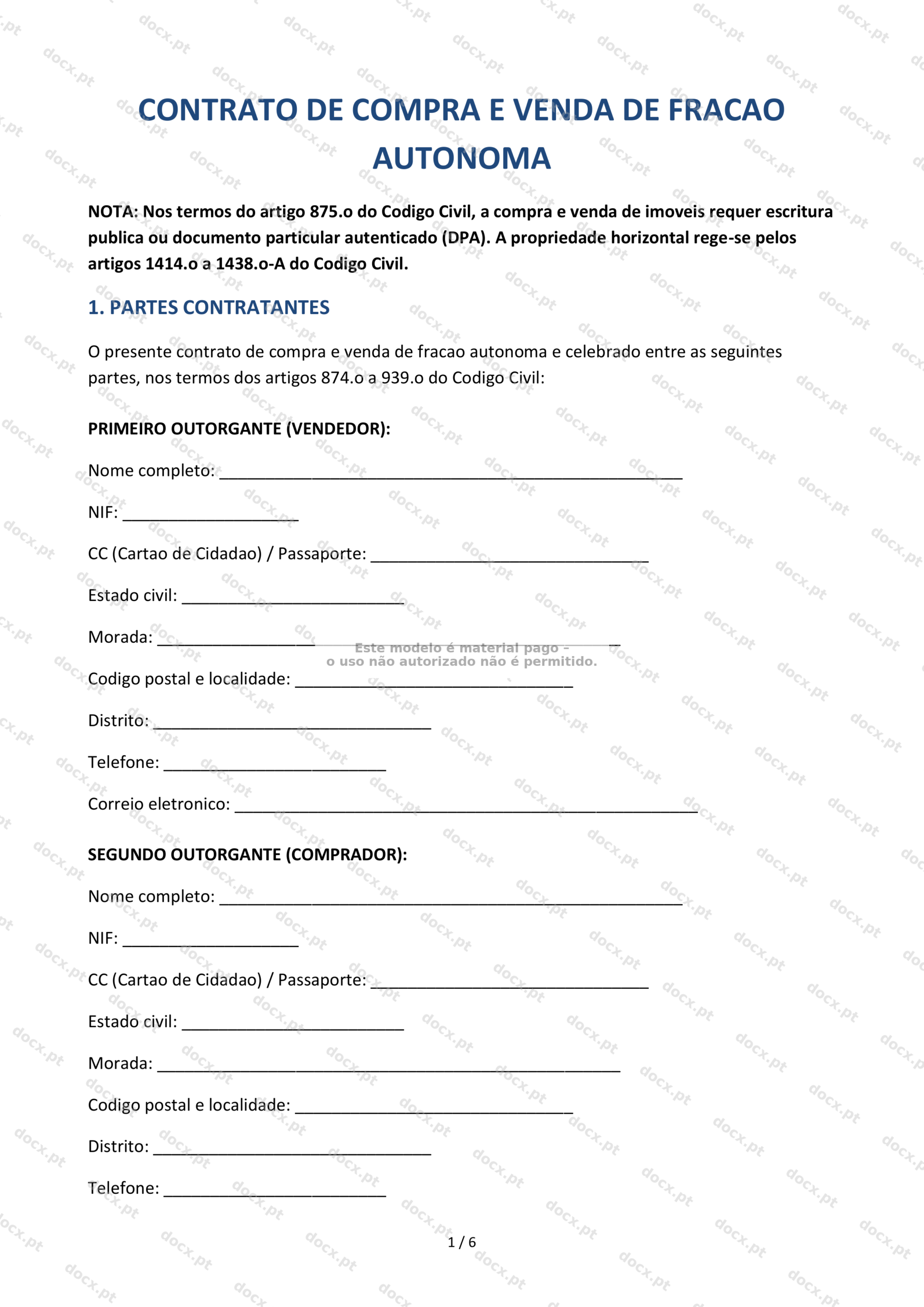 Contrato de Compra e Venda de Fração Autónoma — Modelo Imprimível