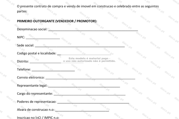 Contrato de compra e venda de imóvel em construção, página 1 em formato A4.