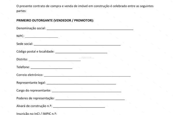 Contrato de compra e venda de imóvel em construção, página 1 em formato A4.