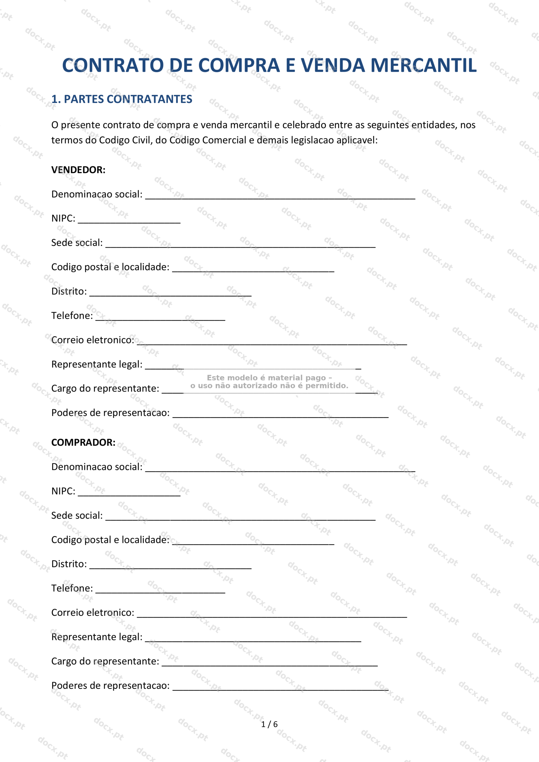 Contrato de Compra e Venda Mercantil — Documento Word e PDF