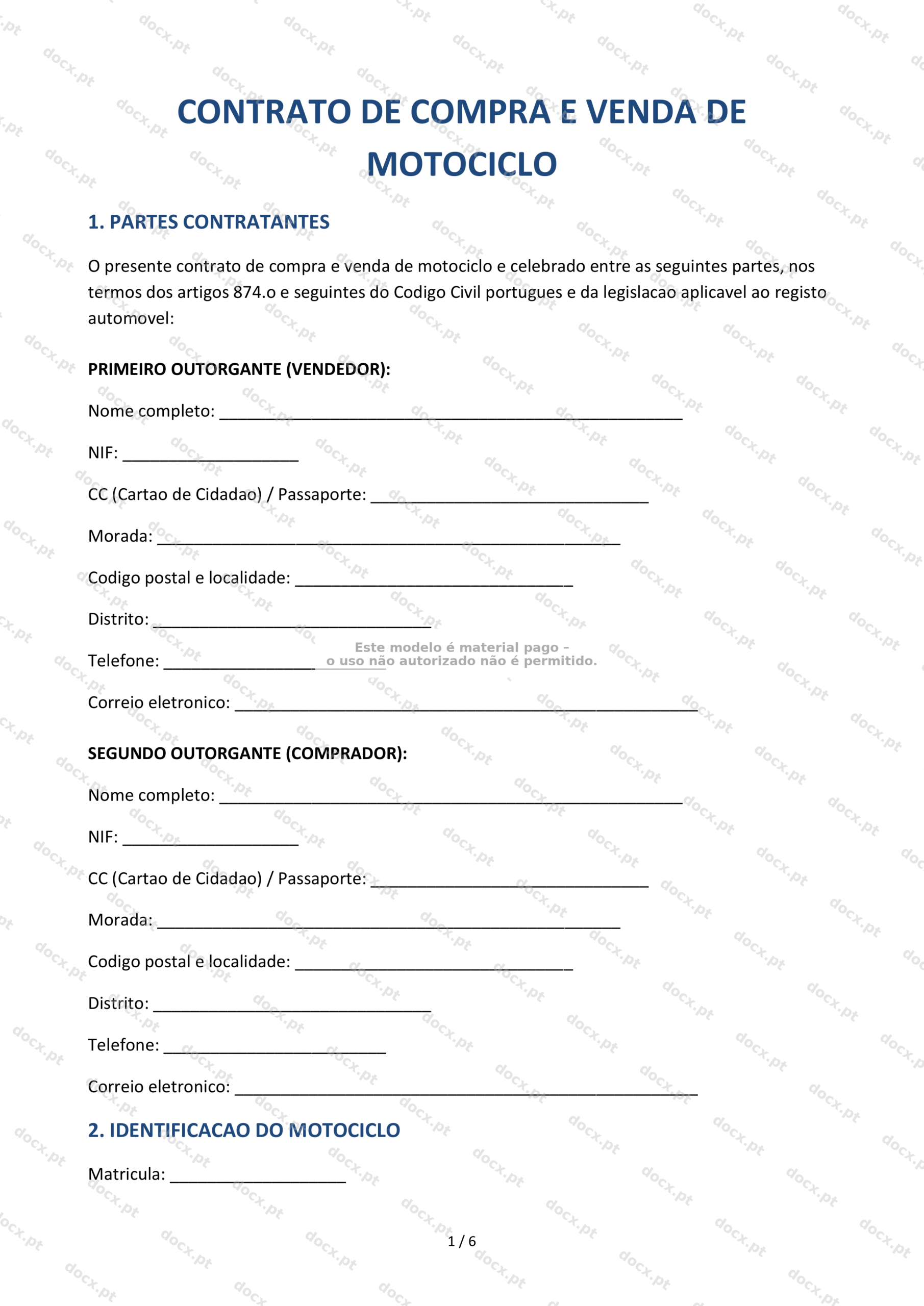 Contrato de Compra e Venda de Motociclo | Modelo Word e PDF