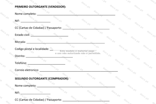 Contrato de compra e venda de terreno, página 1 em formato A4, documento legal com cláusulas.