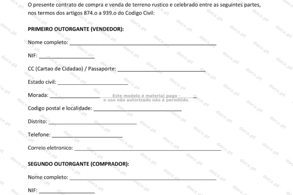 Contrato de compra e venda de terreno rústico, página 1 em formato A4.