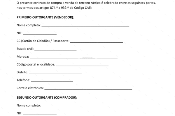 Contrato de compra e venda de terreno rústico, página 1 em formato A4.