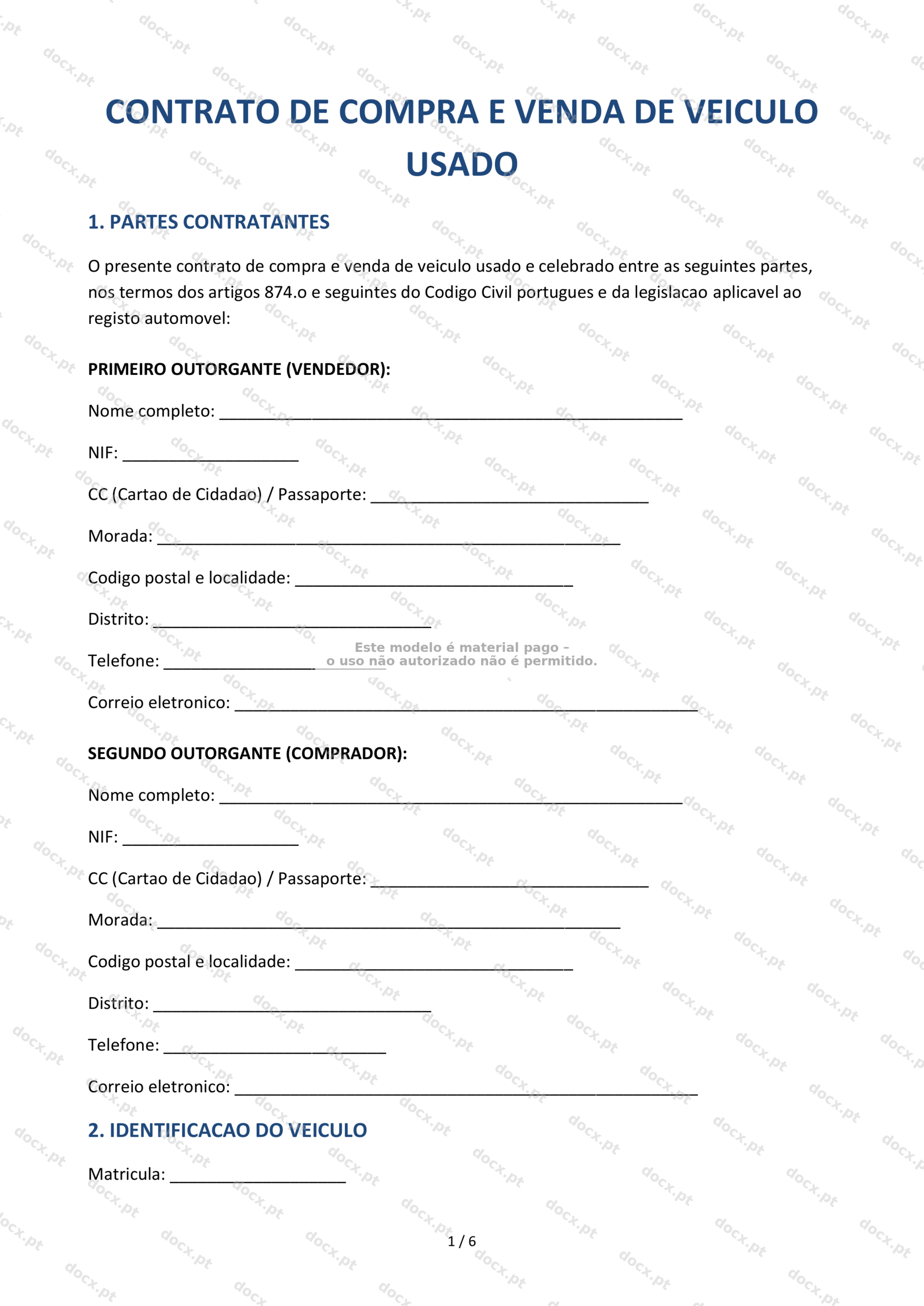 Contrato de Compra e Venda de Veículo Usado — Formulário Editável