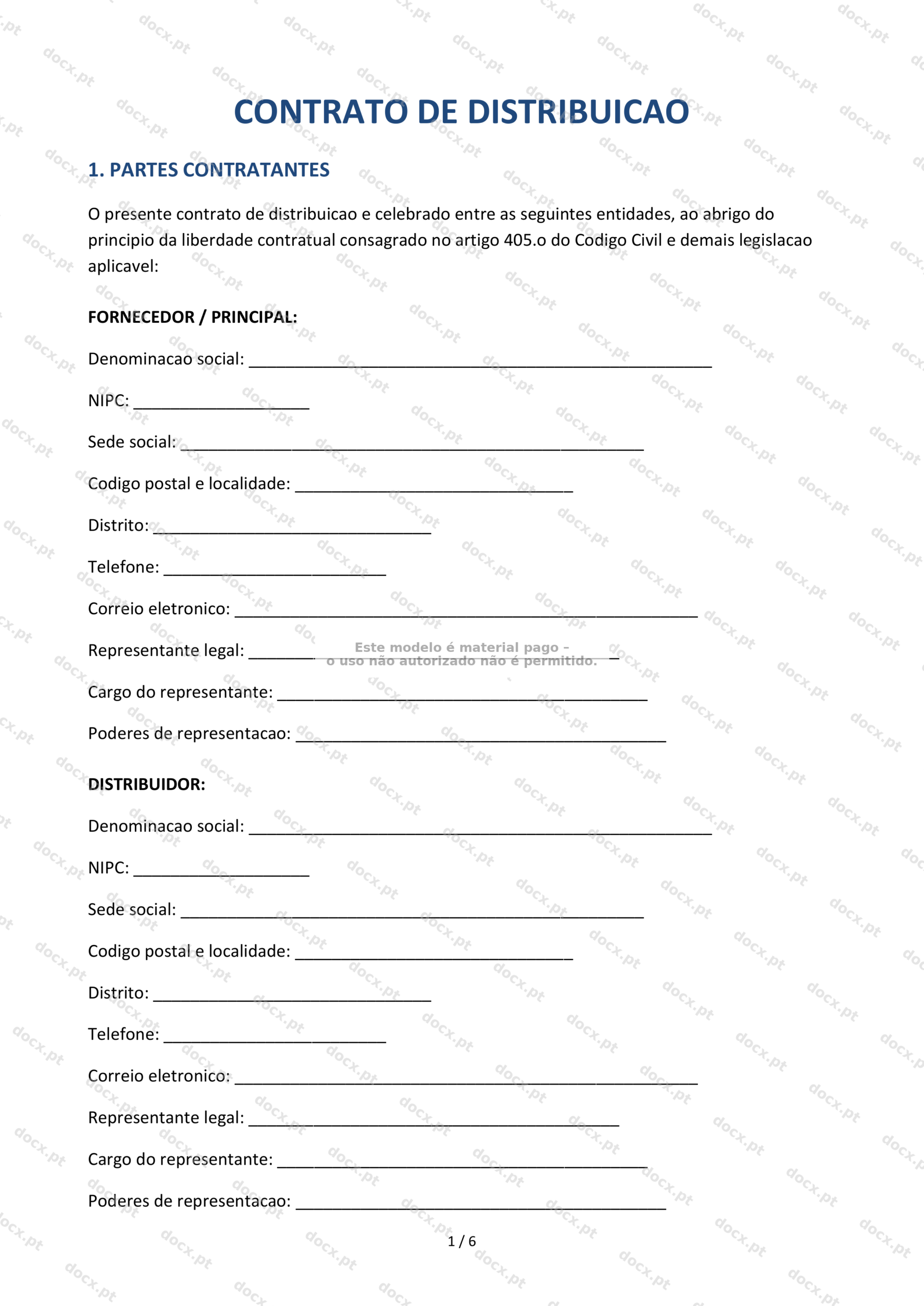 Contrato de Distribuição – Formulário Descarregável