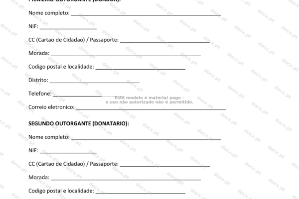 Página 1 de um contrato de doação de bens móveis, formato A4, documento escaneado.