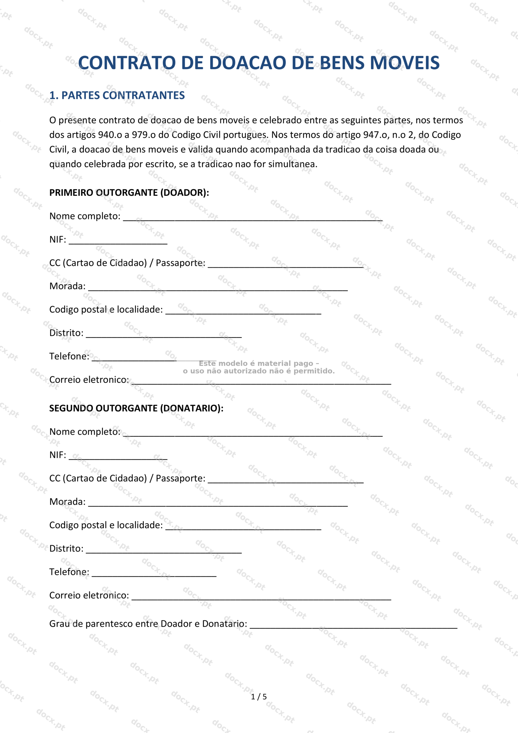 Contrato de Doação de Bens Móveis — Modelo Imprimível