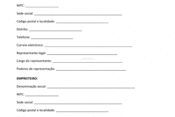 Contrato de empreitada em formato A4, página 1, documento com texto impresso.