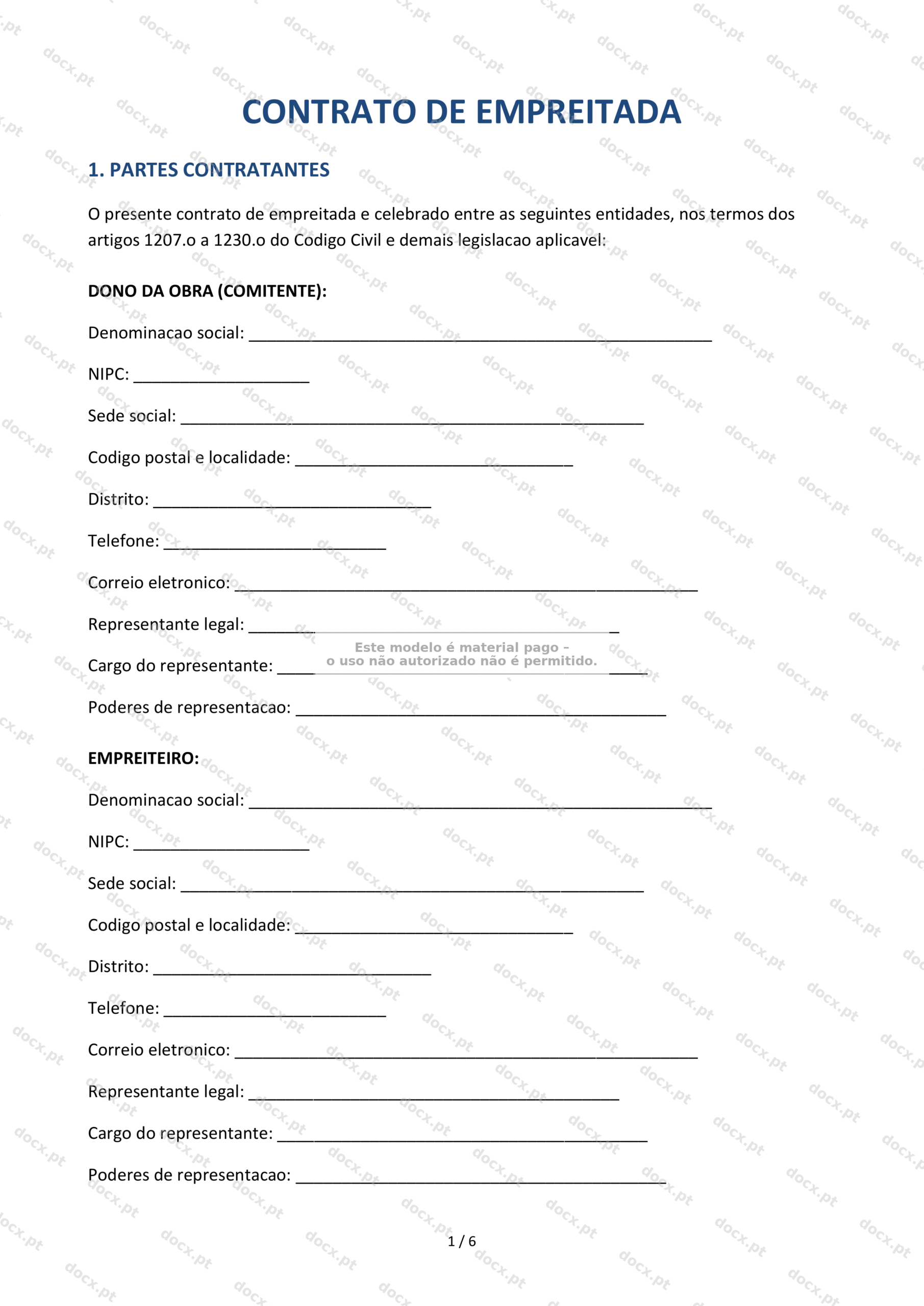 Contrato de Empreitada — Documento Descarregável