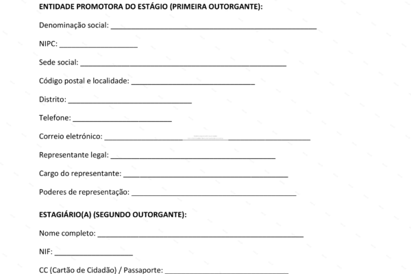 Contrato de estágio profissional em formato A4, página 1, documento impresso.