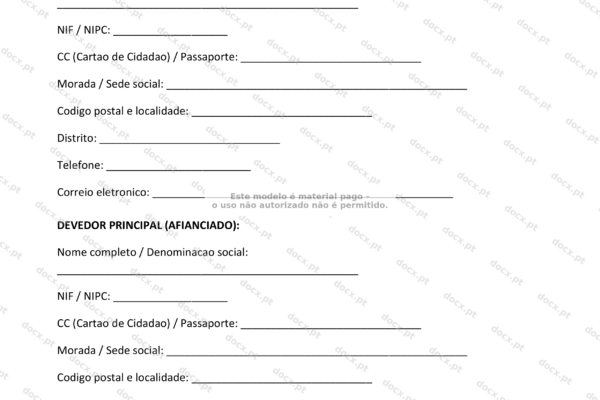 Contrato de fiança em papel A4, página 1, com texto e espaços para assinaturas.