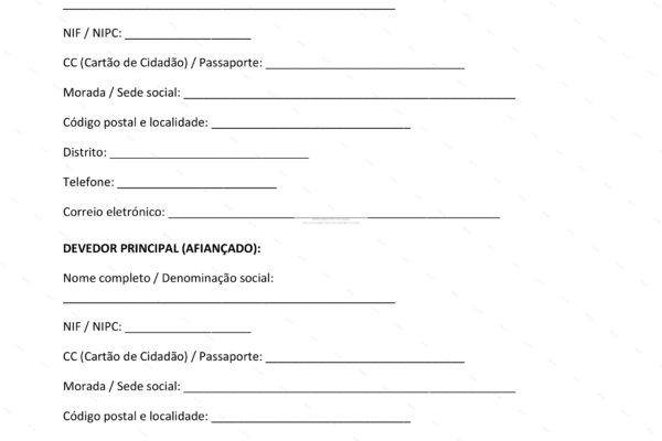 Contrato de fiança em papel A4, página 1, com texto e espaços para assinaturas.