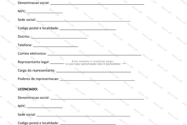 Contrato de licença de marca em formato A4, página 1.