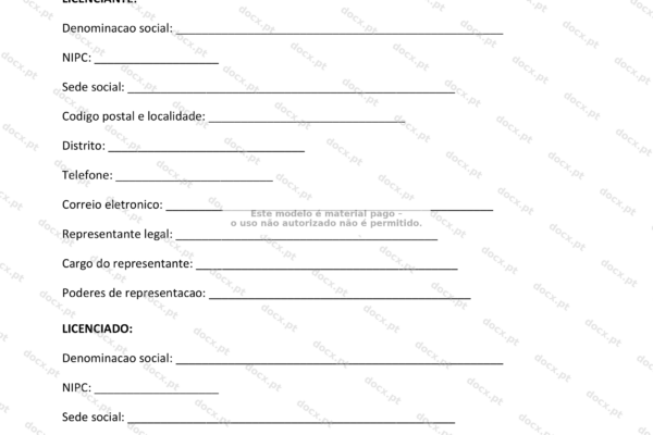 Contrato de licença de software em formato A4, página 1, com texto legível