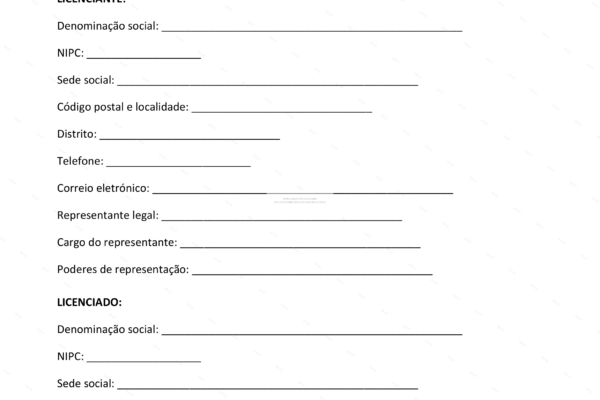 Contrato de licença de software em formato A4, página 1, com texto legível
