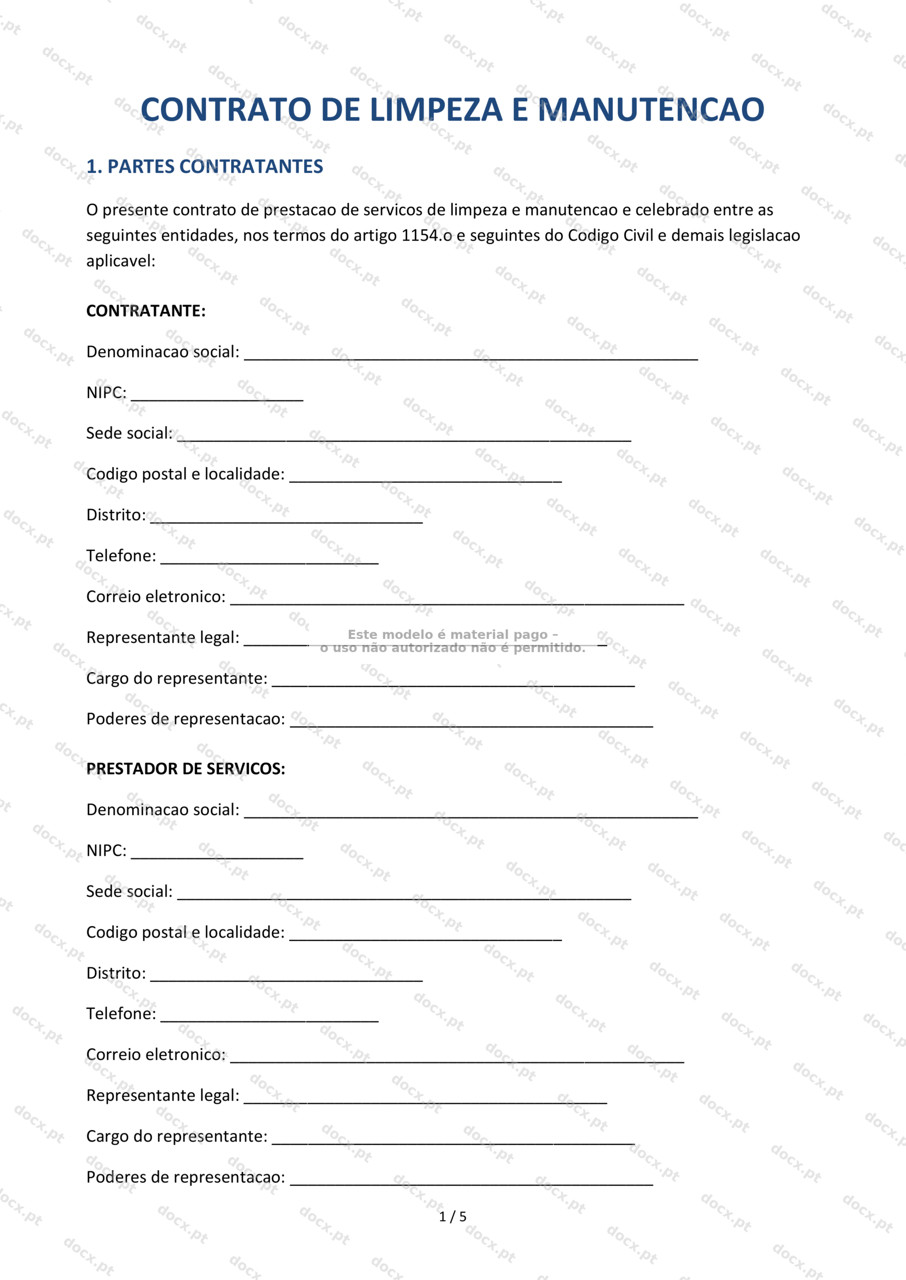 Contrato de Limpeza e Manutenção — Formulário Descarregável