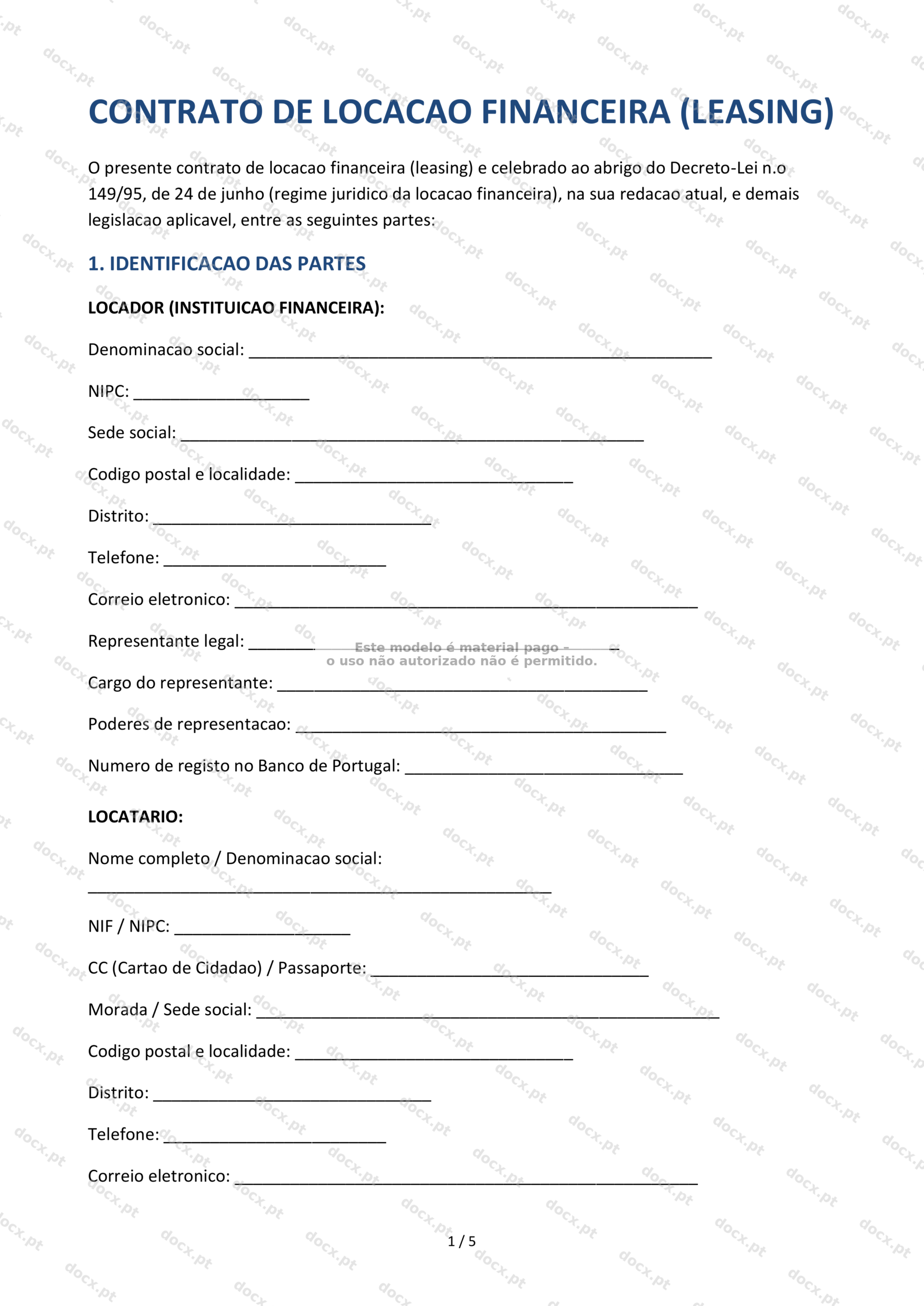 Contrato de Locação Financeira (Leasing) — Documento Word e PDF