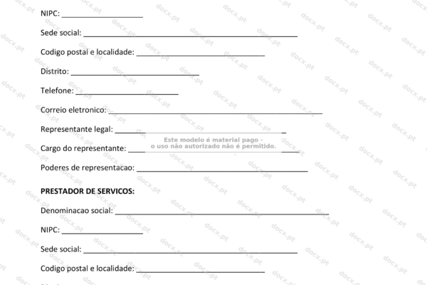 Contrato de manutenção de site em formato A4, página 1, em escala reduzida.