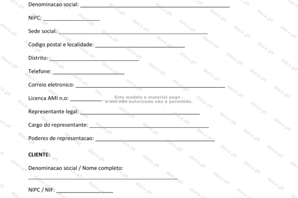 Contrato de mediação imobiliária, página 1, formato A4, em escala