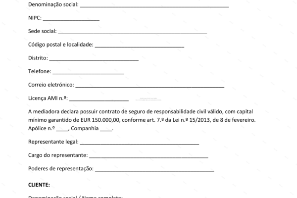 Contrato de mediação imobiliária, página 1, formato A4, em escala