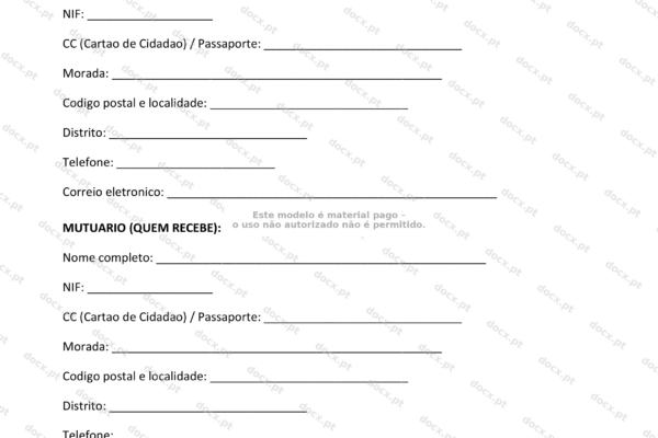 Contrato de mútuo entre particulares, página 1 em A4, documento com cláusulas e dados das partes.