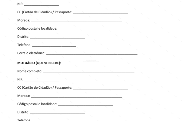 Contrato de mútuo entre particulares, página 1 em A4, documento com cláusulas e dados das partes.