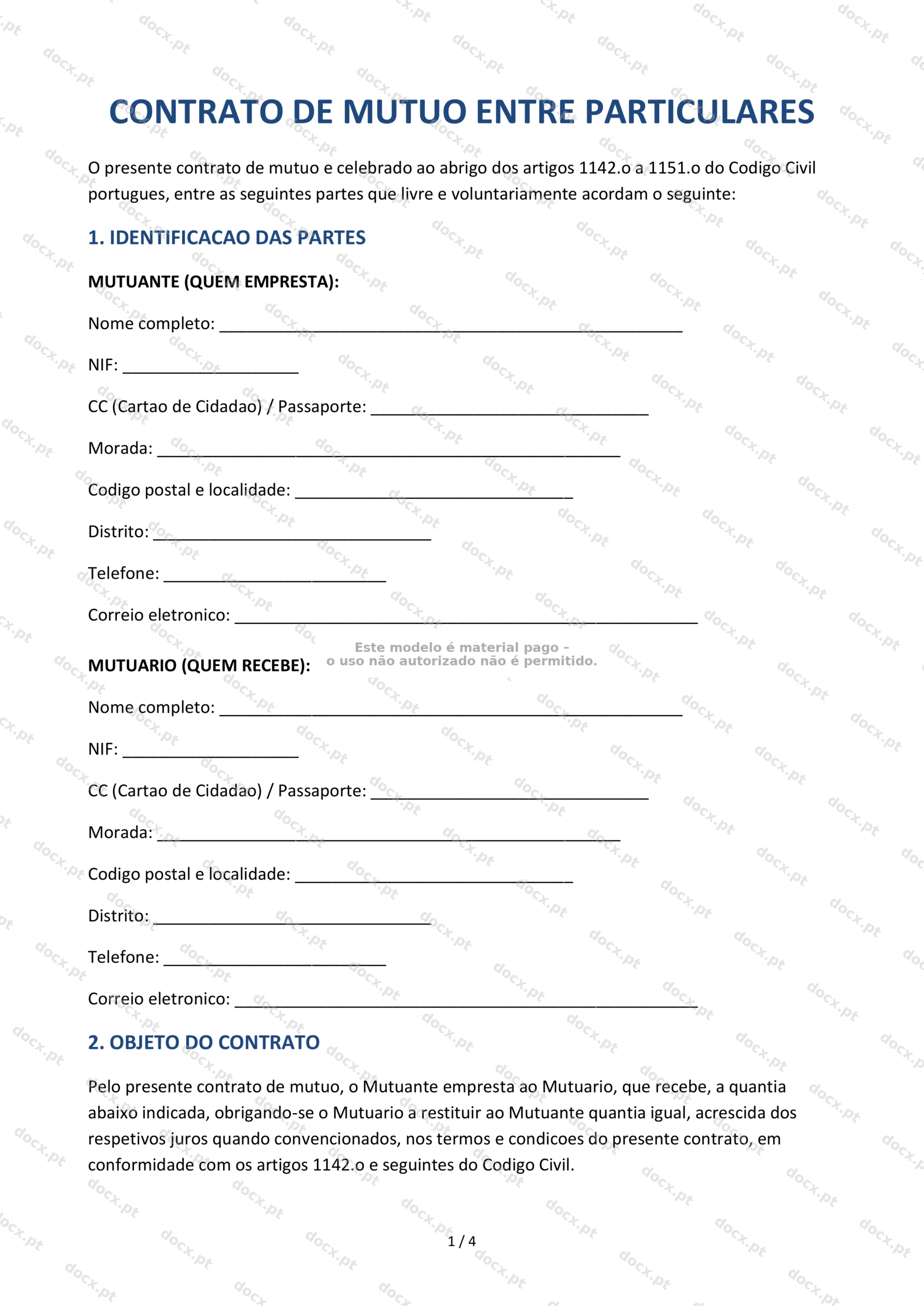 Contrato de Mútuo entre Particulares — Documento Word e PDF