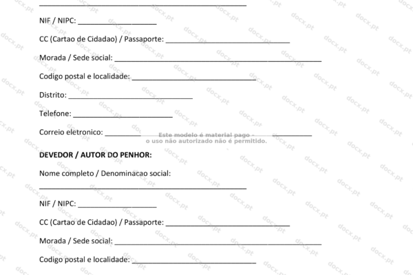 Página 1 de contrato de penhor em formato A4, documento com texto impresso e áreas para assinatura