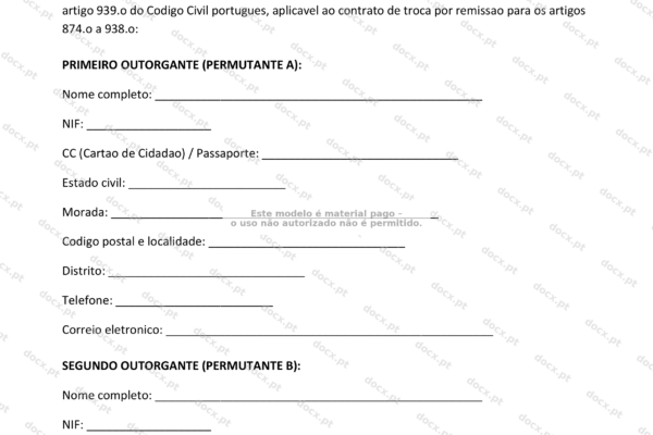 Contrato de permuta de imóveis, página 1, formato A4.