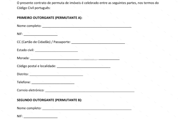 Contrato de permuta de imóveis, página 1, formato A4.