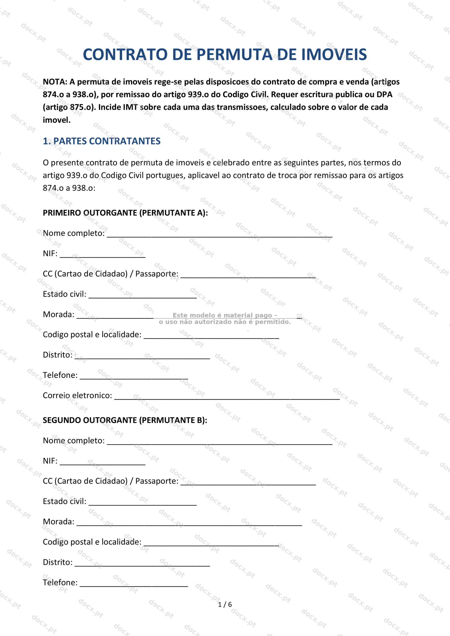 Contrato de Permuta de Imóveis — Modelo Word e PDF