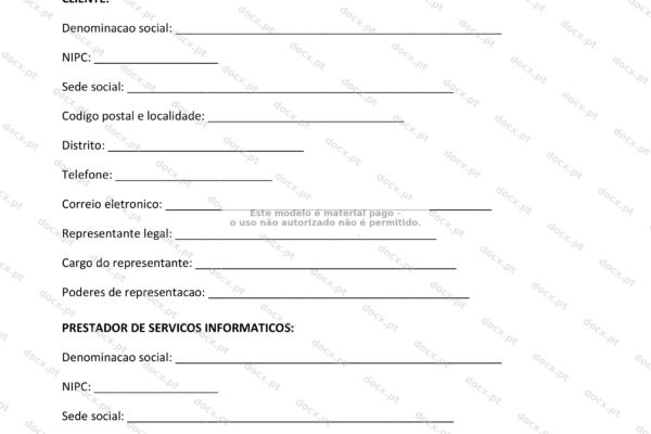Contrato de prestação de serviços informáticos, página 1, formato A4.