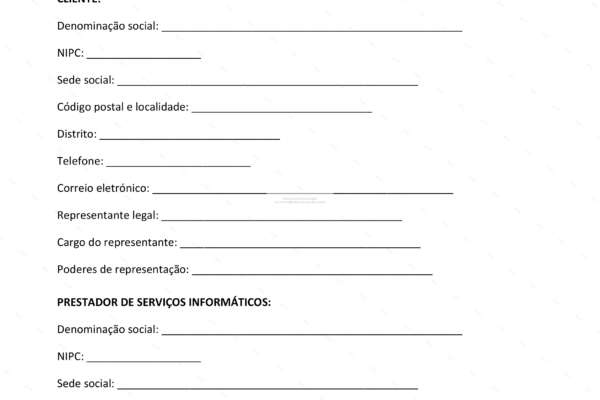 Contrato de prestação de serviços informáticos, página 1, formato A4.