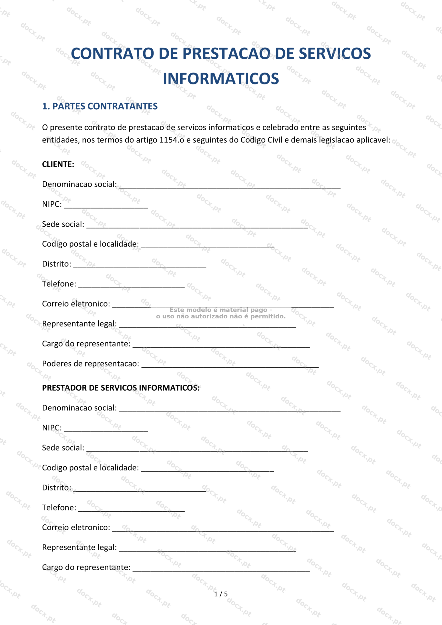 Contrato de Prestação de Serviços Informáticos — Documento Word e PDF