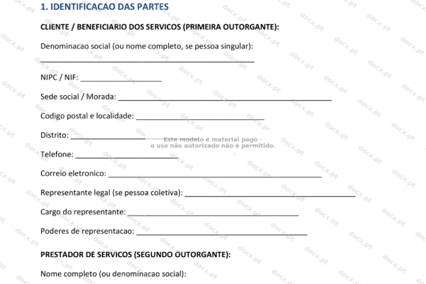 Página 1 de contrato de prestação de serviços com recibos verdes, formato A4.
