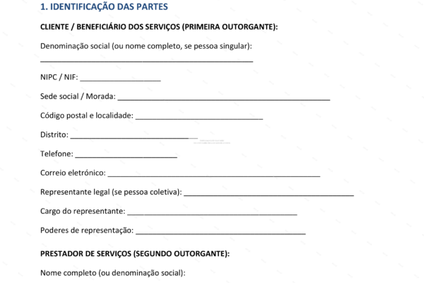 Página 1 de contrato de prestação de serviços com recibos verdes, formato A4.
