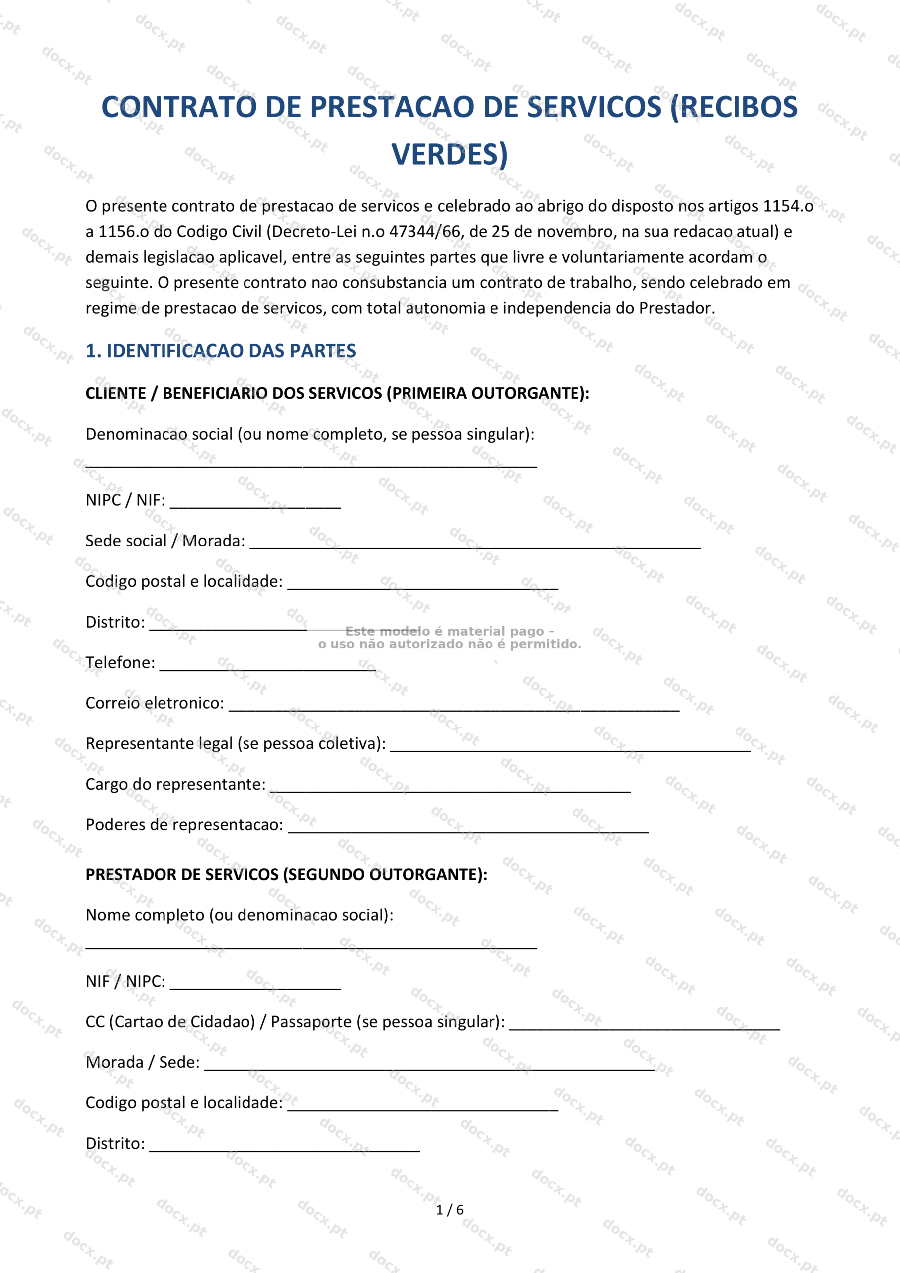 Contrato de Prestação de Serviços (Recibos Verdes) — Modelo Editável