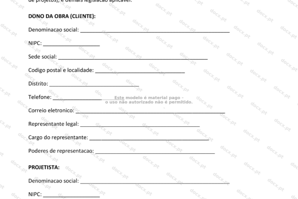 Contrato de projeto em página A4, primeira página em escala reduzida.