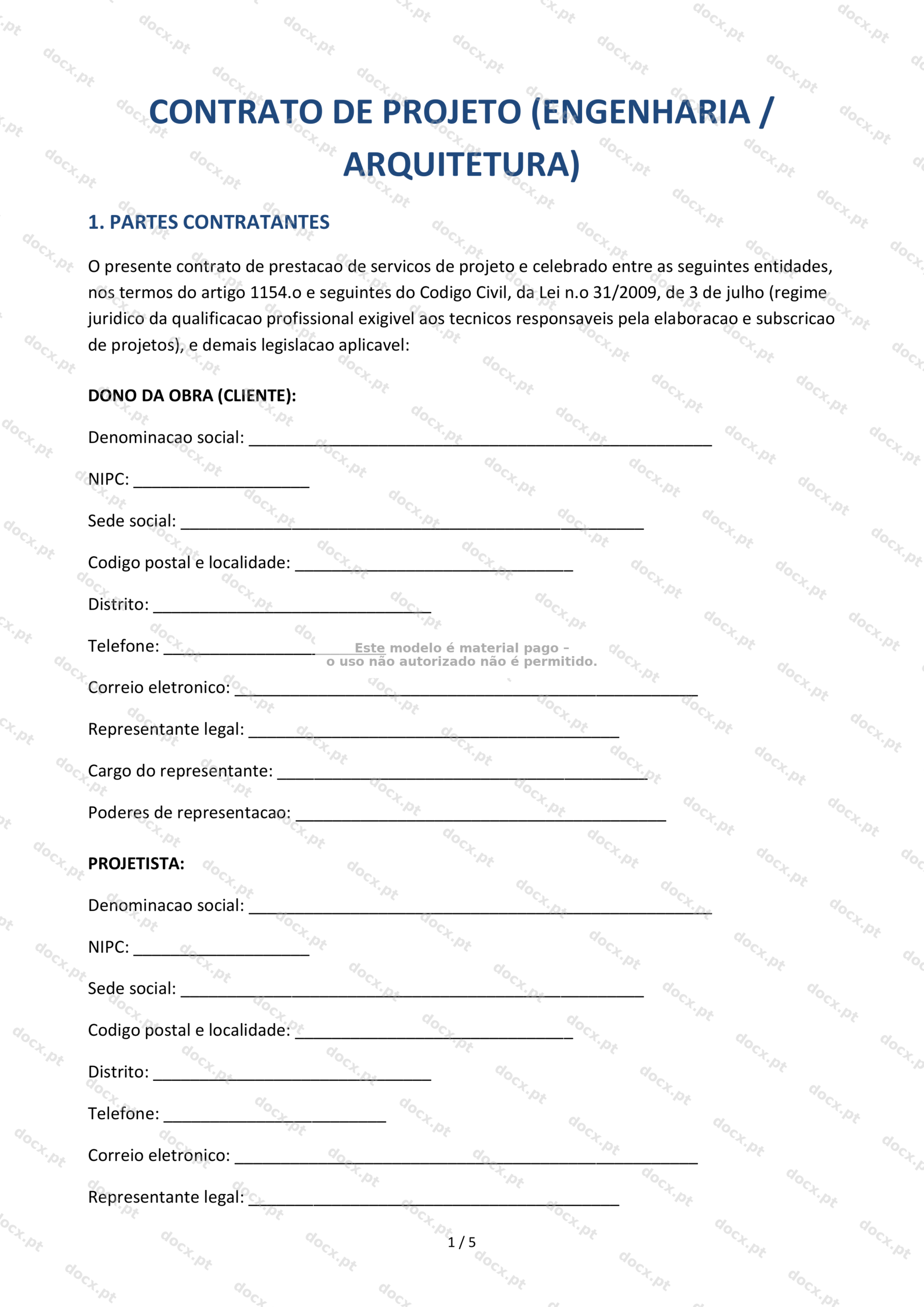 Contrato de Projeto (Engenharia/Arquitetura) — Documento Word e PDF