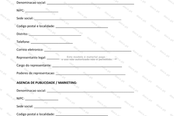 Contrato de publicidade e marketing em página A4, primeira página.