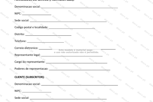 Contrato SaaS em formato A4, página 1, com escala reduzida