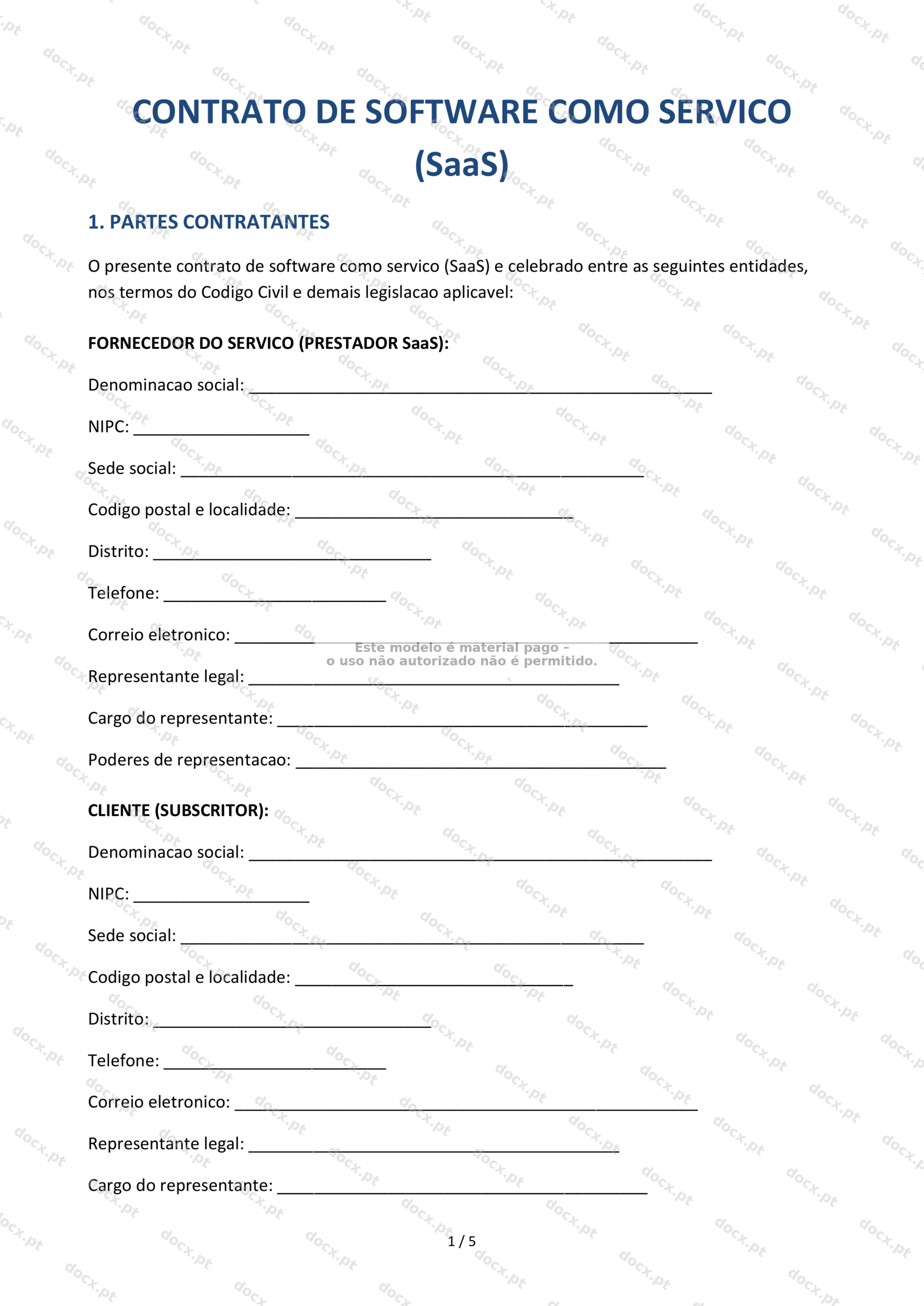 Contrato SaaS (Software como Serviço) — Documento Word e PDF