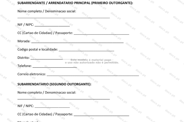 Contrato de subarrendamento em formato A4, página 1.