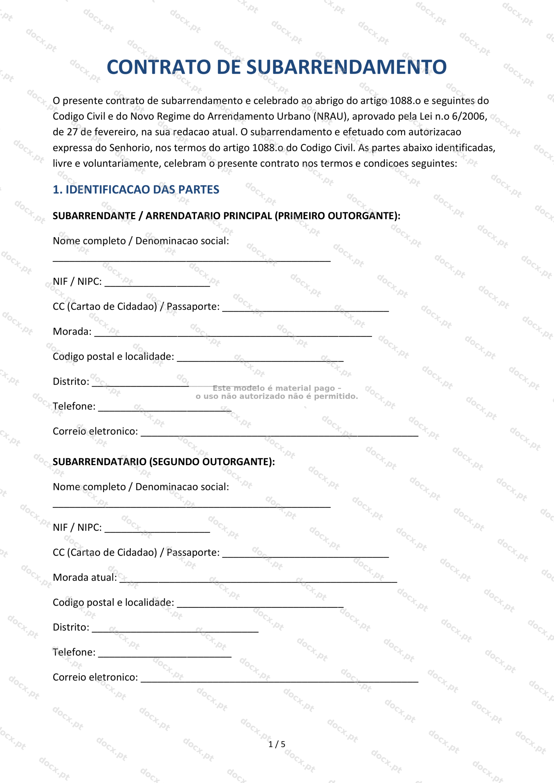 Contrato de Subarrendamento — Modelo Word e PDF