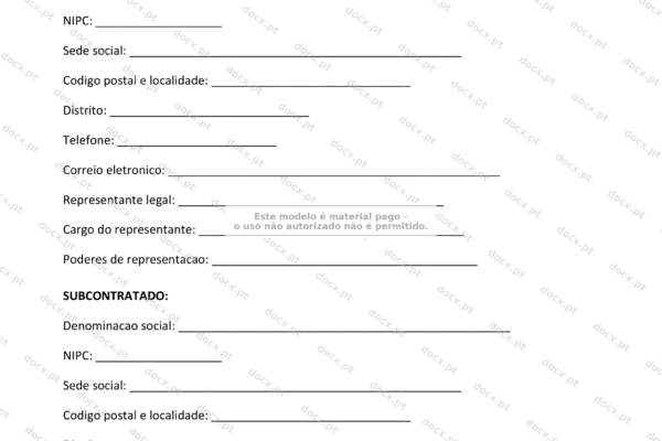 Contrato de subcontratação em formato A4, página 1