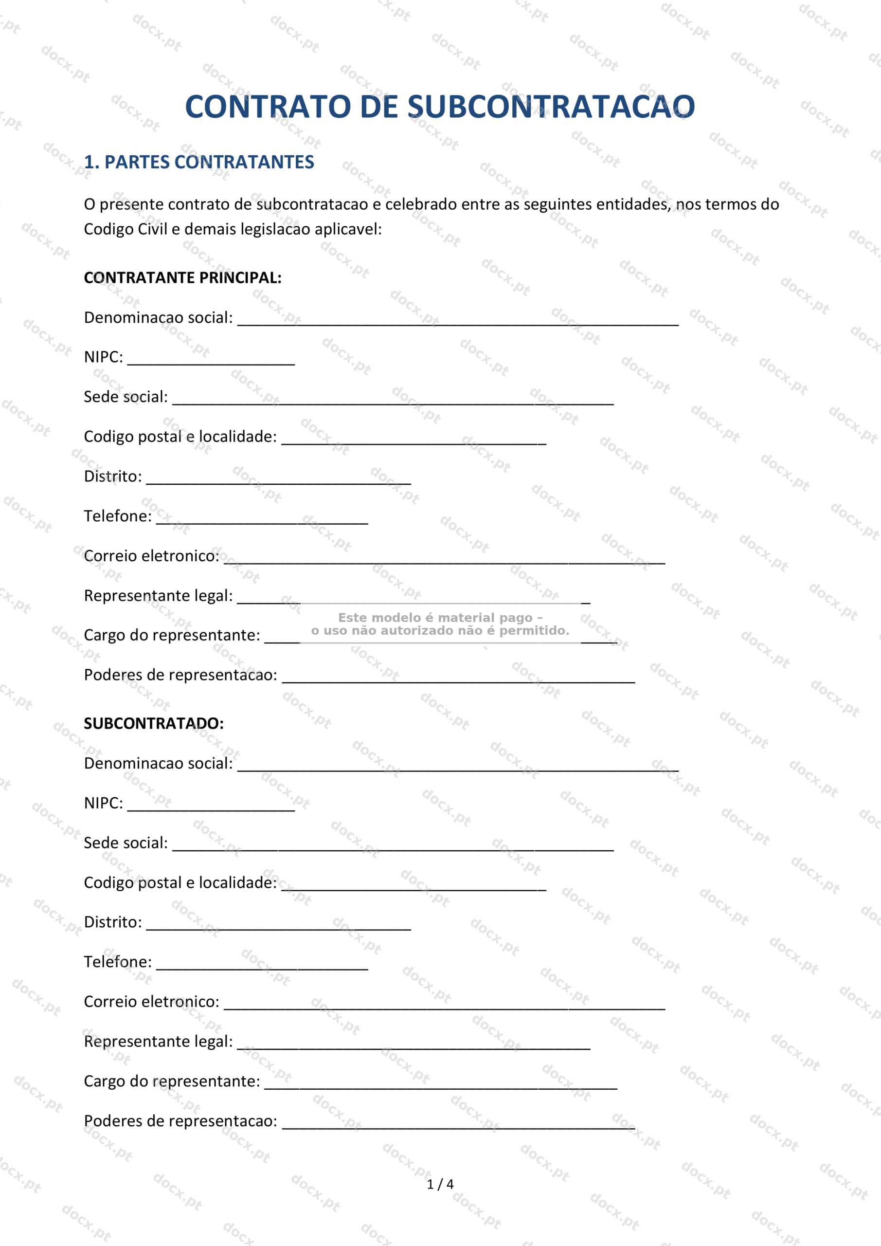 Contrato de Subcontratação — Modelo Word e PDF Editável