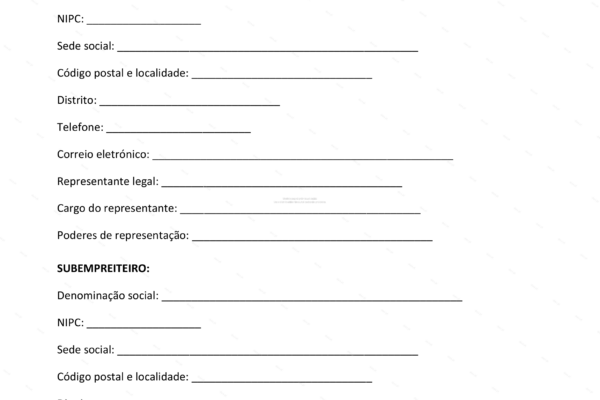Contrato de subempreitada em A4, página 1, documento legal com termos contratuais e espaço para assinaturas.